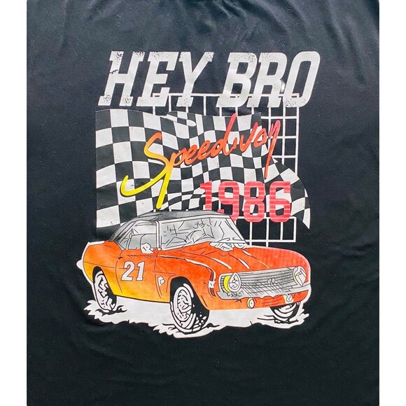 Race Car Speedway 1986 “Hey Bro” Graphic Black ROMWE T-Shirt Men’s Size Medium - Picture 2 of 11